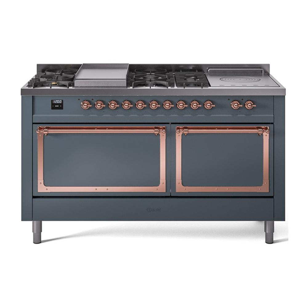 Ilve UN60FSQNMPBGP Ilve Un60Fsqnmpbgp Nostalgie Ii Noblesse 60" Dual Fuel Range (7 Sealed Burners + Griddle + French Top, Natural Gas, Solid Door, Blue Grey, Copper)