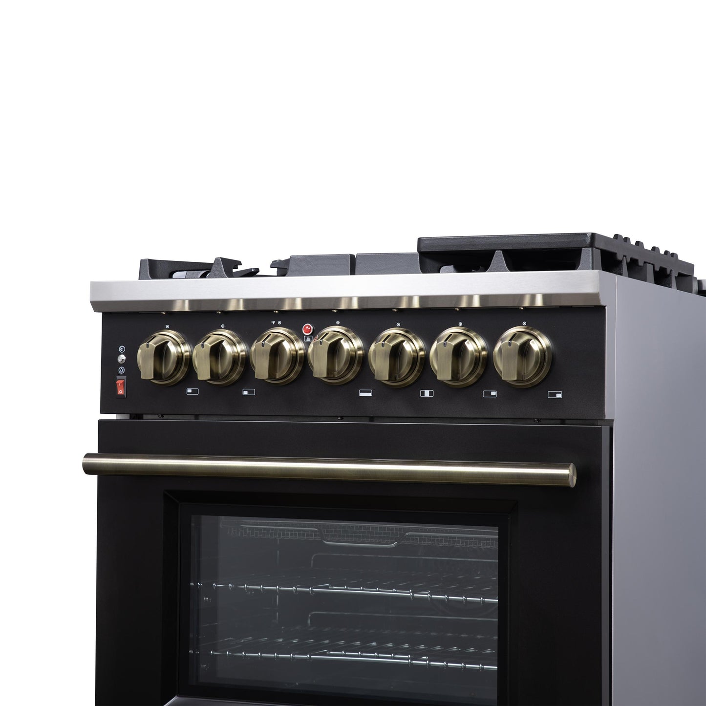 Forno FFSGS612530BLK Forno Massimo 30-Inch Freestanding Dual Fuel Range In Black With Antique Brass Accessories, 4 Burners, 4.32 Cu. Ft. Convection Oven