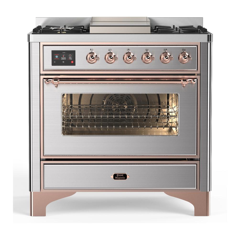 Ilve UM36FNR3SSPLP Ilve Um36Fnr3Ssplp Majestic Iii 36 Inch Dual Fuel Range With 6 Black Brass Burners And Griddle, Dual Function Burner Up To 25,000 Btu (Triple Glass Door, Stainless Steel, Copper, Liquid Propane)