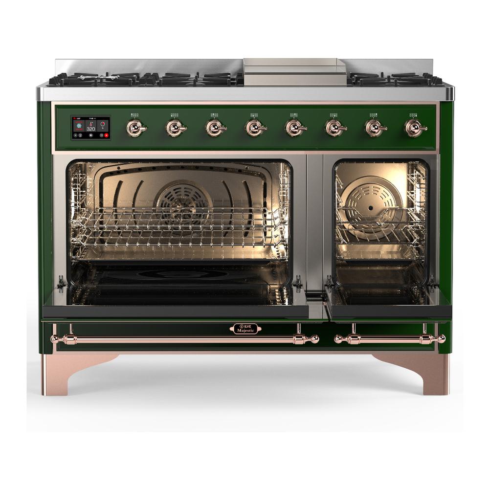 Ilve UM48FQNR3EGPLP Ilve Um48Fqnr3Egplp Majestic Iii 48 Inch Dual Fuel Range With 8 Burners And Griddle, Dual Function Burner Up To 25,000 Btu (Liquid Propane, Solid Door, Emerald Green, Copper)
