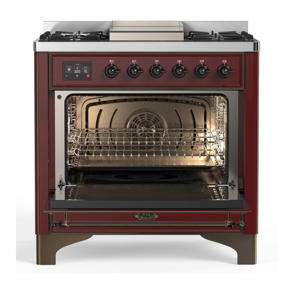 Ilve UM36FNR3BUB Ilve Um36Fnr3Bub Majestic Iii 36 Inch Dual Fuel Range With 6 Black Brass Burners And Griddle, Dual Function Burner Up To 25,000 Btu (Triple Glass Door, Burgundy, Burnished, Natural Gas)