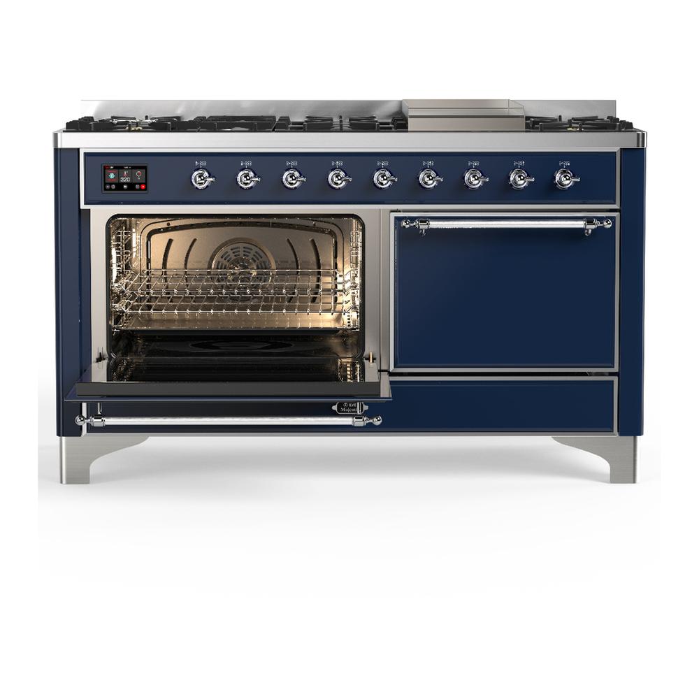 Ilve UM60FQNR3MBC Ilve Um60Fqnr3Mbc Majestic Iii 60 Inch Dual Fuel Range With 9 Burners And Griddle, Dual Function Burner Up To 25,000 Btu (Natural Gas, Solid Door, Midnight Blue, Chrome)
