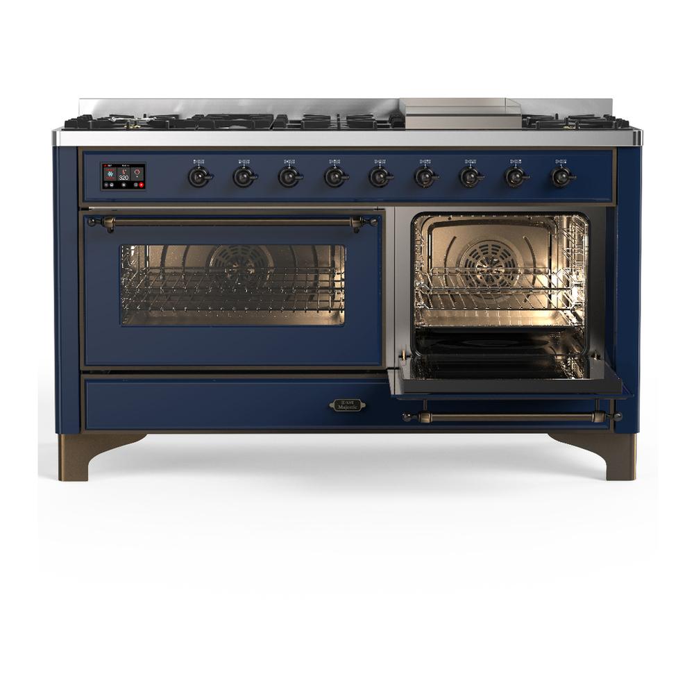 Ilve UM60FNR3MBBLP Ilve Um60Fnr3Mbblp Majestic Iii 60 Inch Dual Fuel Range With 9 Burners And Griddle, Dual Function Burner Up To 25,000 Btu (Liquid Propane, Triple Glass Door, Midnight Blue, Burnished)