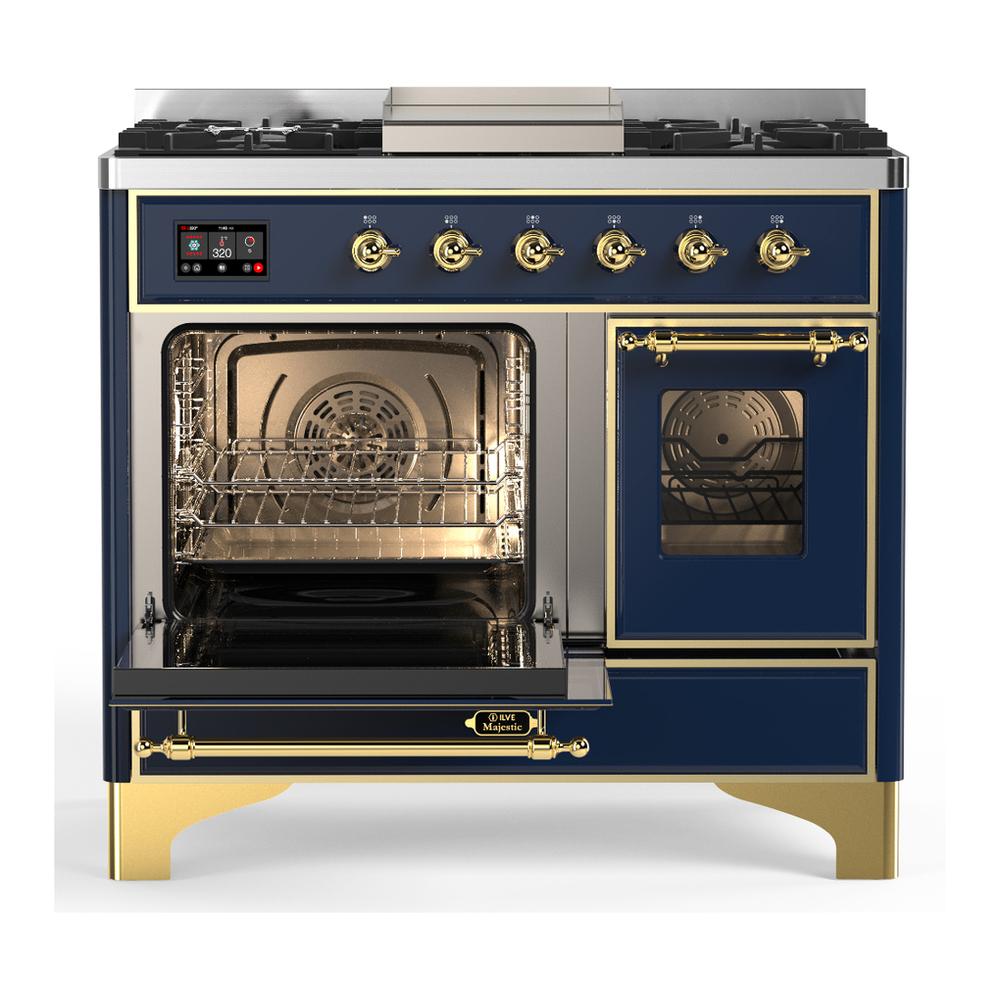 Ilve UMD40FNR3MBG Ilve Umd40Fnr3Mbg Majestic Iii 40 Inch Dual Fuel Range With 6 Burners And Griddle, Dual Function Burner Up To 25,000 Btu (Natural Gas, Triple Glass Door, Midnight Blue, Brass)