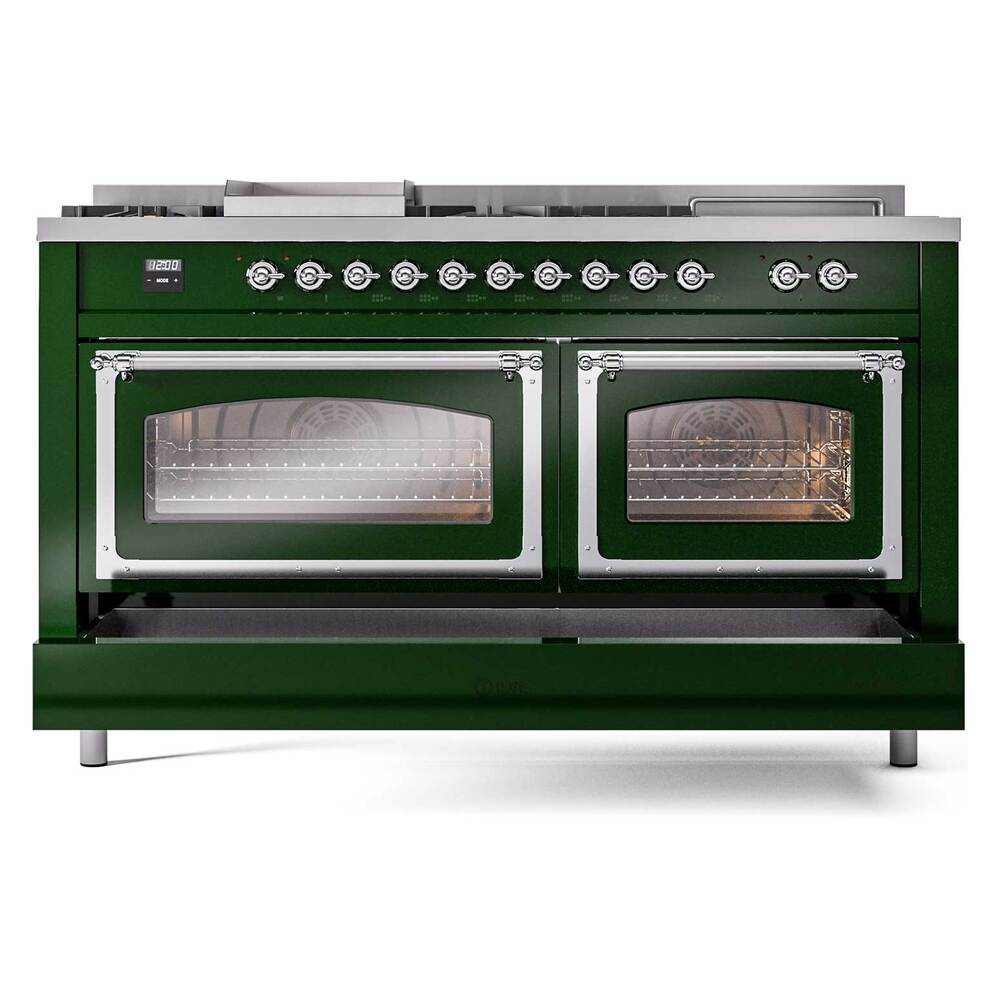 Ilve UN60FSNMPEGCLP Ilve Un60Fsnmpegclp Nostalgie Ii Noblesse 60" Dual Fuel Range (7 Sealed Burners + Griddle + French Top, Liquid Propane, Triple Glass Door, Emerald Green, Chrome)