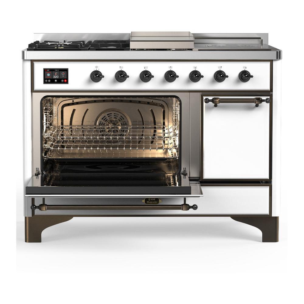 Ilve UM48FSQNR3WHB Ilve Um48Fsqnr3Whb Majestic Iii 48 Inch Dual Fuel Range With 5 Black Brass Burners, Griddle And French Top, Dual Function Burner Up To 25,000 Btu (Natural Gas, Solid Door, White, Burnished)