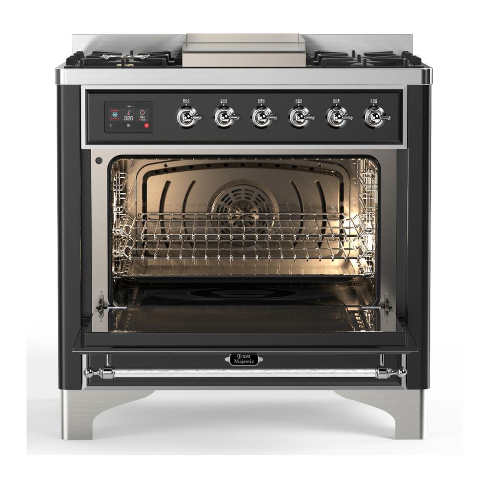 Ilve UM36FQNR3MGC Ilve Um36Fqnr3Mgc Majestic Iii 36 Inch Dual Fuel Range With 6 Black Brass Burners And Griddle, Dual Function Burner Up To 25,000 Btu (Solid Door, Graphite Matte, Chrome, Natural Gas)