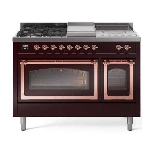 Ilve UN48FSNMPBUPLP Ilve Un48Fsnmpbuplp Nostalgie Ii Noblesse 48" Dual Fuel Range (5 Sealed Burners + Griddle + French Top, Liquid Propane, Triple Glass Door, Burgundy, Copper)