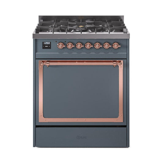 Ilve UN30QNMPBGPLP Ilve Un30Qnmpbgplp Nostalgie Ii Noblesse 30" Dual Fuel Range (Liquid Propane, Solid Door, Blue Grey, Copper)
