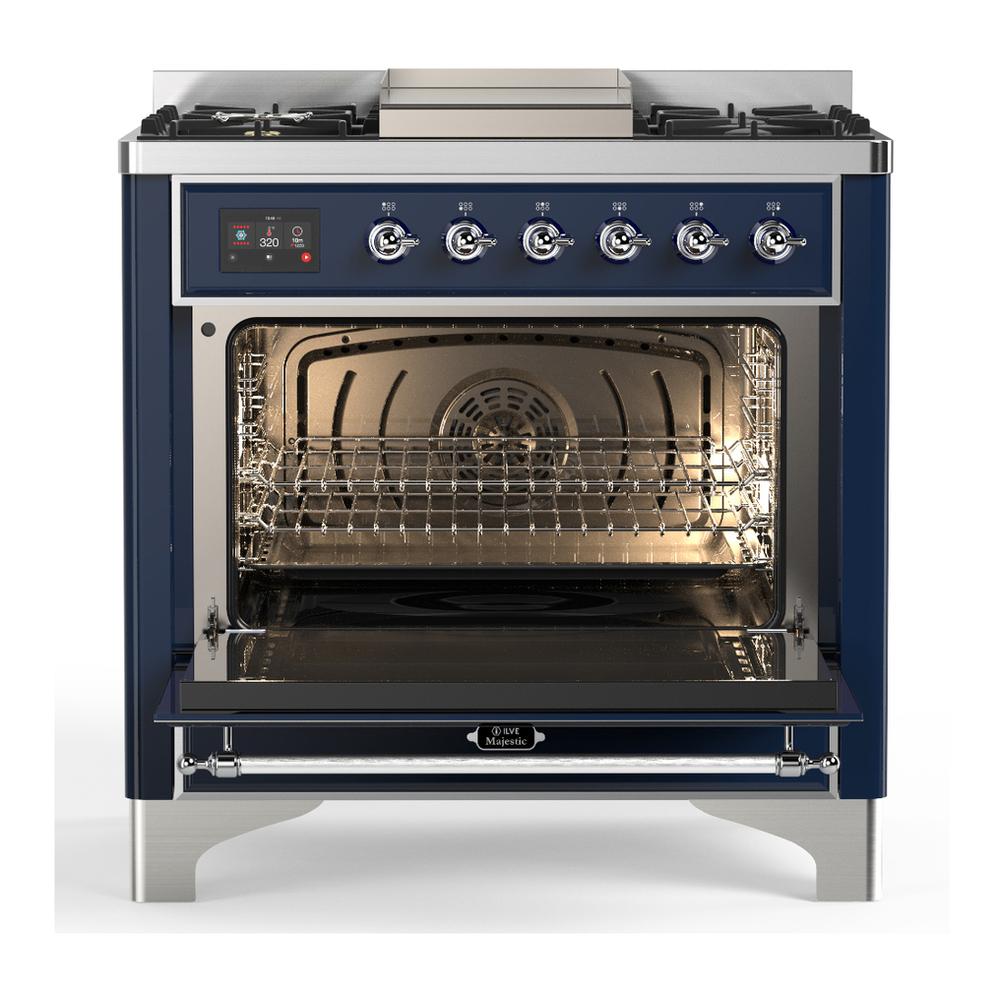 Ilve UM36FQNR3MBC Ilve Um36Fqnr3Mbc Majestic Iii 36 Inch Dual Fuel Range With 6 Black Brass Burners And Griddle, Dual Function Burner Up To 25,000 Btu (Solid Door, Midnight Blue, Chrome, Natural Gas)