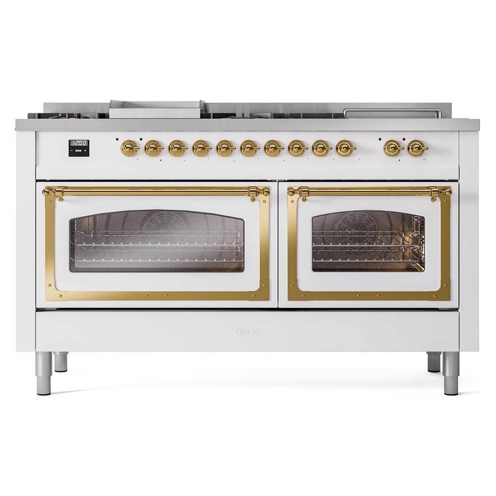Ilve UN60FSNMPWHG Ilve Un60Fsnmpwhg Nostalgie Ii Noblesse 60" Dual Fuel Range (7 Sealed Burners + Griddle + French Top, Natural Gas, Triple Glass Door, White, Brass)