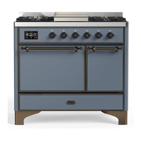 Ilve UMD40FQNR3BGBLP Ilve Umd40Fqnr3Bgblp Majestic Iii 40 Inch Dual Fuel Range With 6 Burners And Griddle, Dual Function Burner Up To 25,000 Btu (Liquid Propane, Solid Door, Blue Grey, Burnished)