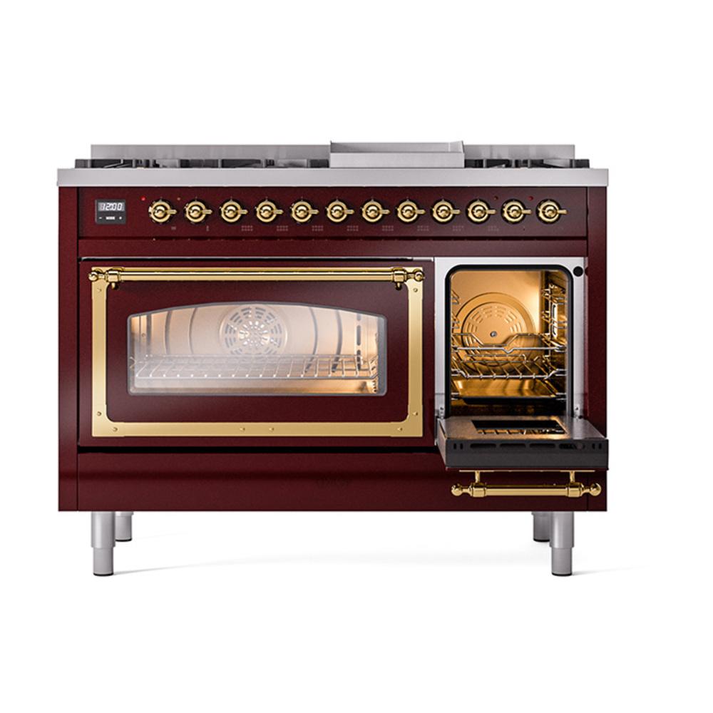 Ilve UN48FNMPBUGLP Ilve Un48Fnmpbuglp Nostalgie Ii Noblesse 48" Dual Fuel Range (8 Sealed Burners + Griddle, Liquid Propane, Triple Glass Door, Burgundy, Brass)