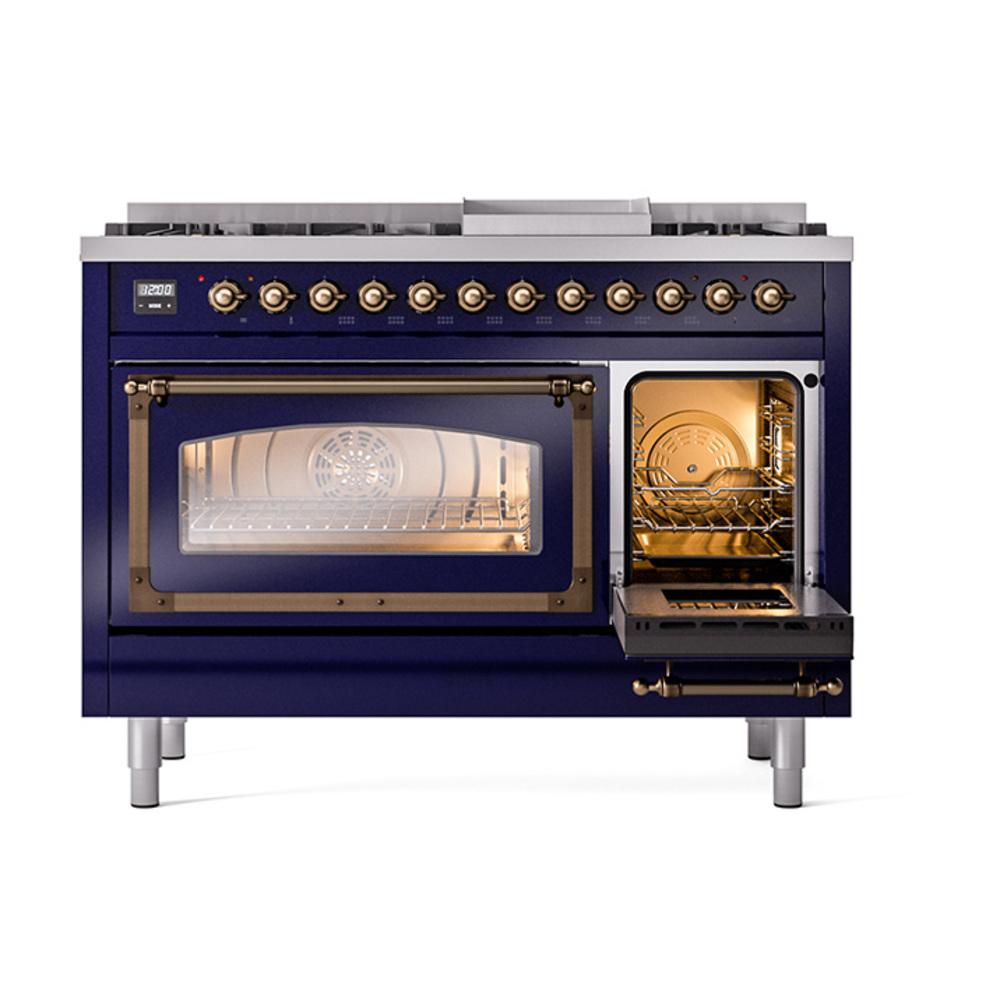 Ilve UN48FNMPMBBLP Ilve Un48Fnmpmbblp Nostalgie Ii Noblesse 48" Dual Fuel Range (8 Sealed Burners + Griddle, Liquid Propane, Triple Glass Door, Midnight Blue, Burnished)