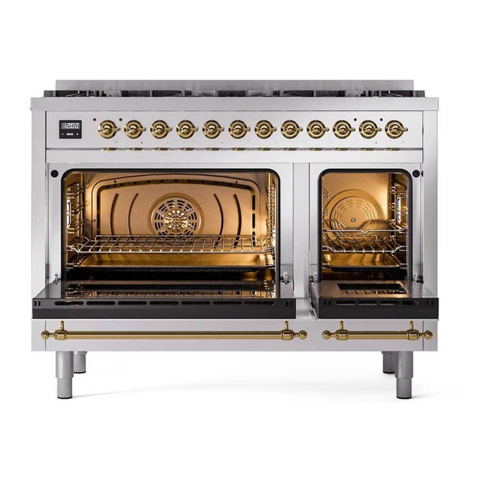 Ilve UP488NMPSSGLP Ilve Up488Nmpssglp Nostalgie Ii 48 Inch Dual Fuel Range With 8 Total Black Brass Sealed Burners, Brass Trim (Limited Edition) (Liquid Propane, Stainless Steel)