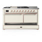 Ilve UM60FSQNR3AWP Ilve Um60Fsqnr3Awp Majestic Iii 60 Inch Dual Fuel Range With 7 Burners, Griddle And French Top, Dual Function Burner With Up To 25,000 Btu (Natural Gas, Solid Door, Antique White, Copper)