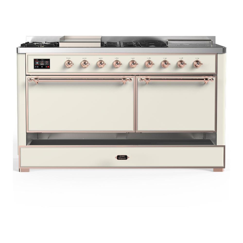 Ilve UM60FSQNR3AWP Ilve Um60Fsqnr3Awp Majestic Iii 60 Inch Dual Fuel Range With 7 Burners, Griddle And French Top, Dual Function Burner With Up To 25,000 Btu (Natural Gas, Solid Door, Antique White, Copper)