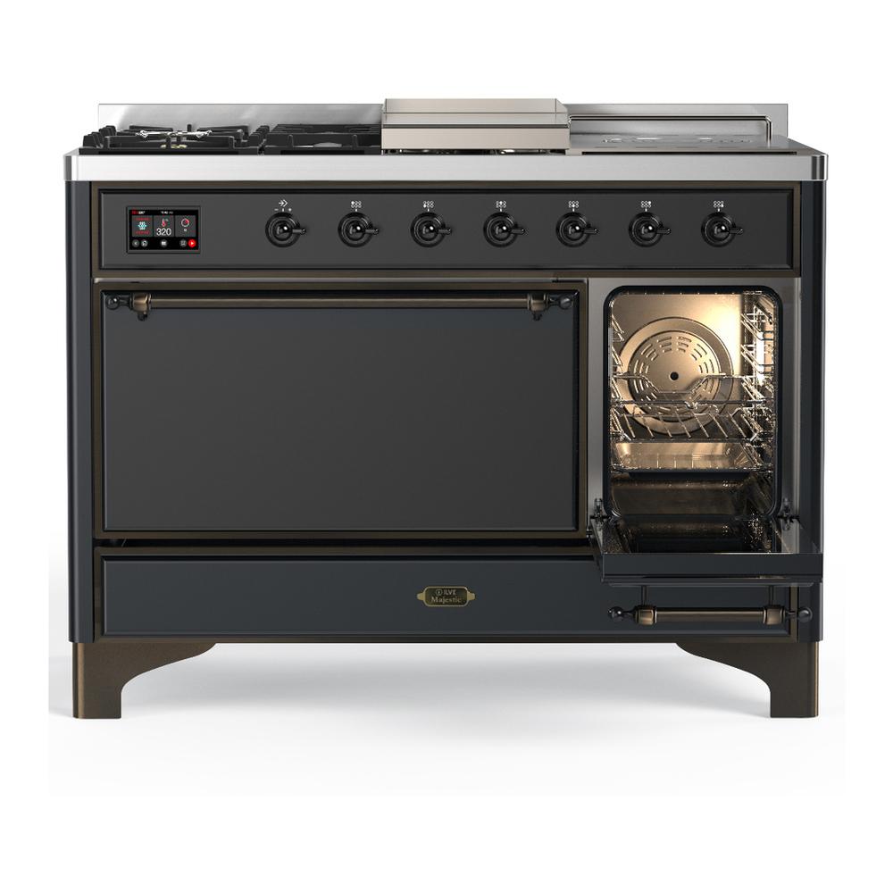 Ilve UM48FSQNR3MGB Ilve Um48Fsqnr3Mgb Majestic Iii 48 Inch Dual Fuel Range With 5 Black Brass Burners, Griddle And French Top, Dual Function Burner Up To 25,000 Btu (Natural Gas, Solid Door, Graphite Matte, Burnished)