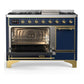 Ilve UM48FQNR3MBGLP Ilve Um48Fqnr3Mbglp Majestic Iii 48 Inch Dual Fuel Range With 8 Burners And Griddle, Dual Function Burner Up To 25,000 Btu (Liquid Propane, Solid Door, Midnight Blue, Brass)