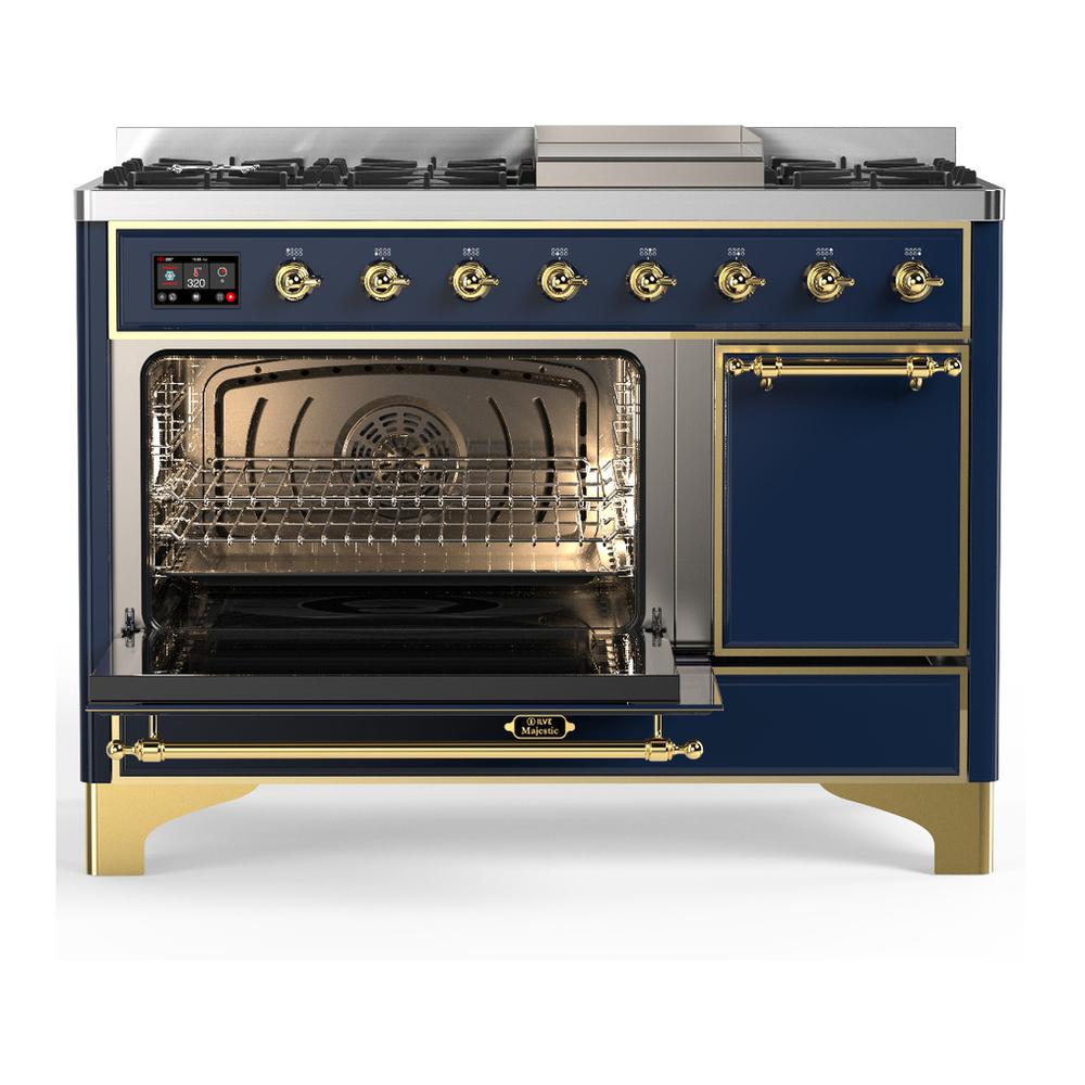 Ilve UM48FQNR3MBGLP Ilve Um48Fqnr3Mbglp Majestic Iii 48 Inch Dual Fuel Range With 8 Burners And Griddle, Dual Function Burner Up To 25,000 Btu (Liquid Propane, Solid Door, Midnight Blue, Brass)