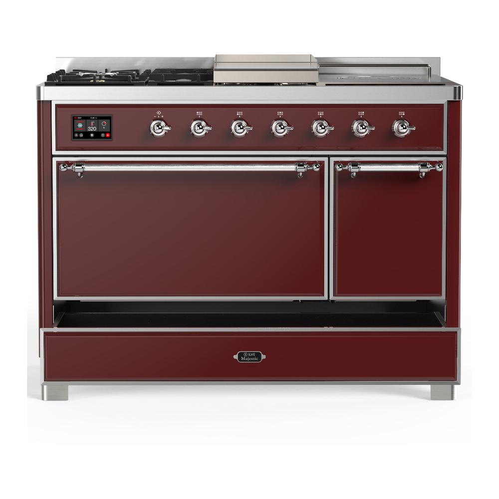 Ilve UM48FSQNR3BUC Ilve Um48Fsqnr3Buc Majestic Iii 48 Inch Dual Fuel Range With 5 Black Brass Burners, Griddle And French Top, Dual Function Burner Up To 25,000 Btu (Natural Gas, Solid Door, Burgundy, Chrome)