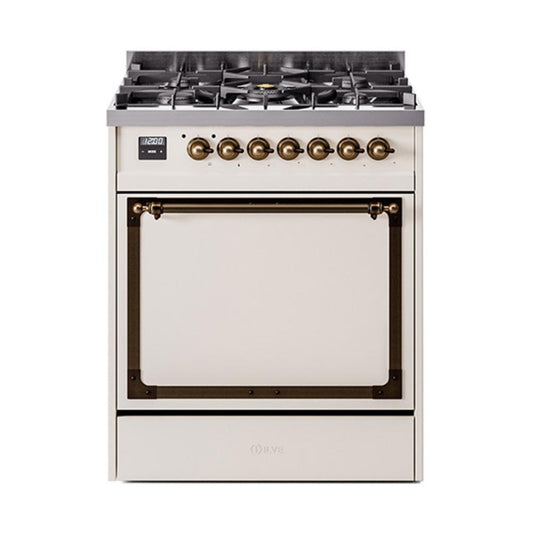 Ilve UN30QNMPAWB Ilve Un30Qnmpawb Nostalgie Ii Noblesse 30" Dual Fuel Range (Natural Gas, Solid Door, Antique White, Burnished)