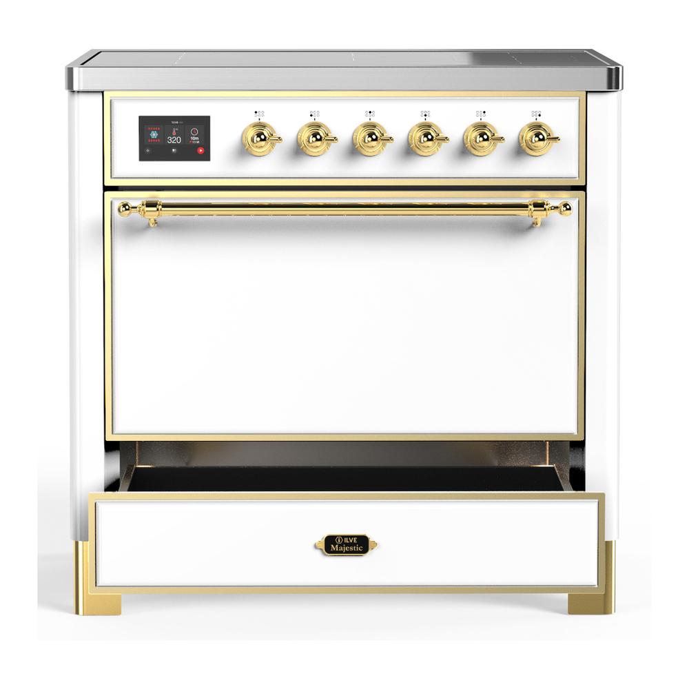 Ilve UMIB36QNR3WHG Ilve Umib36Qnr3Whg Majestic Iii 36 Inch Induction Range With 6 Elements, 3.5 Cu. Ft. Total Oven Capacity (Solid Door, White, Brass)