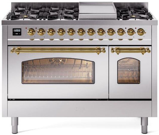 Ilve UP48FNMPSSGLP Nostalgie Ii 48 Inch Dual Fuel Liquid Propane Freestanding Range In Stainless Steel With Brass Trim