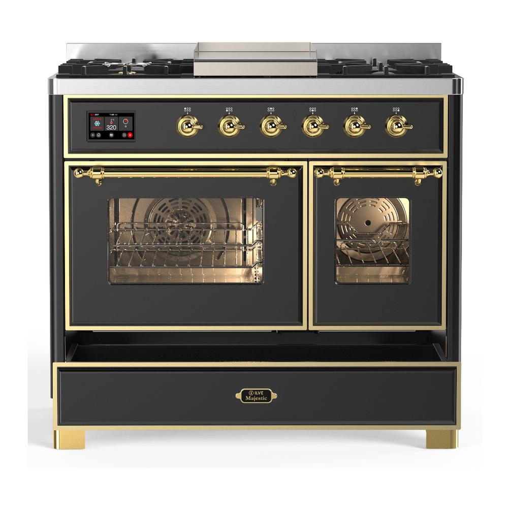 Ilve UMD40FNR3MGGLP Ilve Umd40Fnr3Mgglp Majestic Iii 40 Inch Dual Fuel Range With 6 Burners And Griddle, Dual Function Burner Up To 25,000 Btu (Liquid Propane, Triple Glass Door, Graphite Matte, Brass)