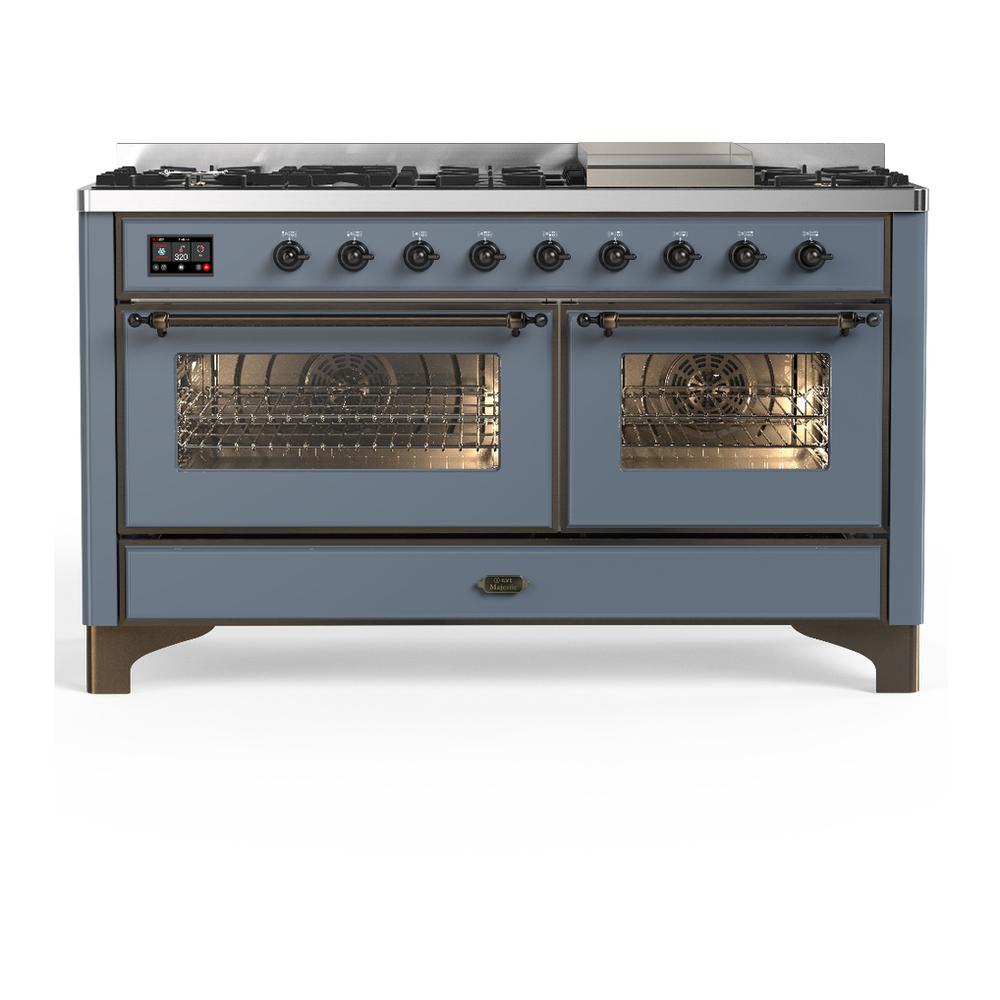Ilve UM60FNR3BGBLP Ilve Um60Fnr3Bgblp Majestic Iii 60 Inch Dual Fuel Range With 9 Burners And Griddle, Dual Function Burner Up To 25,000 Btu (Liquid Propane, Triple Glass Door, Blue Grey, Burnished)