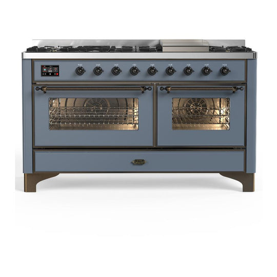 Ilve UM60FNR3BGBLP Ilve Um60Fnr3Bgblp Majestic Iii 60 Inch Dual Fuel Range With 9 Burners And Griddle, Dual Function Burner Up To 25,000 Btu (Liquid Propane, Triple Glass Door, Blue Grey, Burnished)