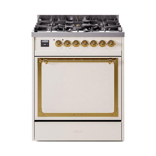 Ilve UN30QNMPAWGLP Ilve Un30Qnmpawglp Nostalgie Ii Noblesse 30" Dual Fuel Range (Liquid Propane, Solid Door, Antique White, Brass)