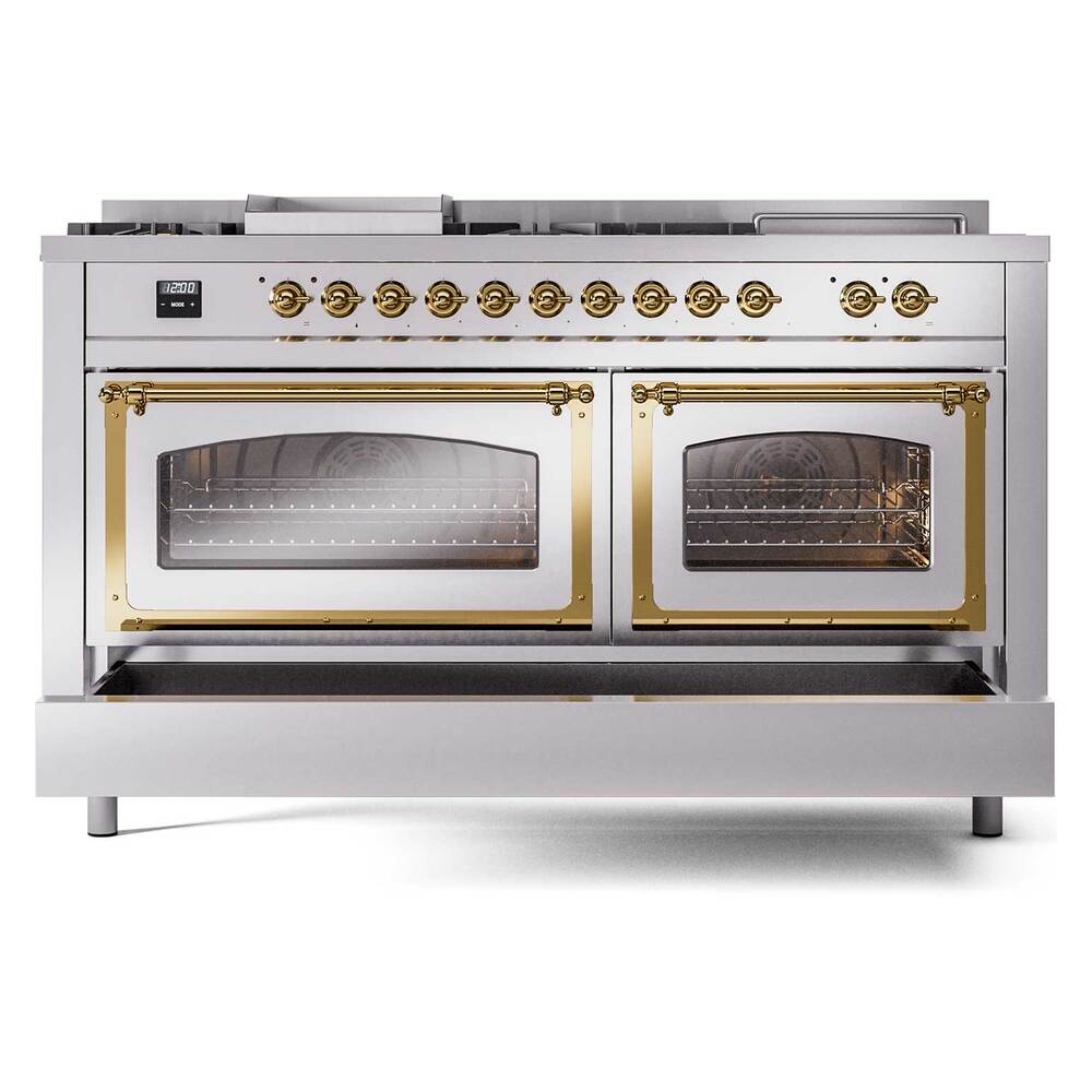 Ilve UN60FSNMPRAG Ilve Un60Fsnmprag Nostalgie Ii Noblesse 60" Dual Fuel Range (7 Sealed Burners + Griddle + French Top, Natural Gas, Triple Glass Door, Ral, Brass)