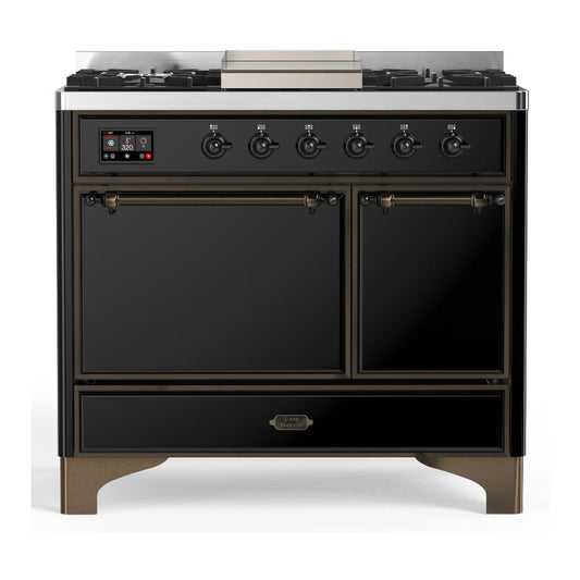Ilve UMD40FQNR3BKBLP Ilve Umd40Fqnr3Bkblp Majestic Iii 40 Inch Dual Fuel Range With 6 Burners And Griddle, Dual Function Burner Up To 25,000 Btu (Liquid Propane, Solid Door, Glossy Black, Burnished)