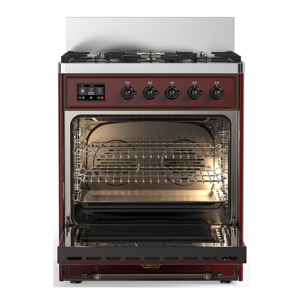 Ilve UM30NR3BUB Ilve Um30Nr3Bub Majestic Iii 30 Inch Dual Fuel Range With 5 Black Brass Burners, Dual Function Burner Up To 25,000 Btu (Natural Gas, Triple Glass Door, Burgundy, Burnished)