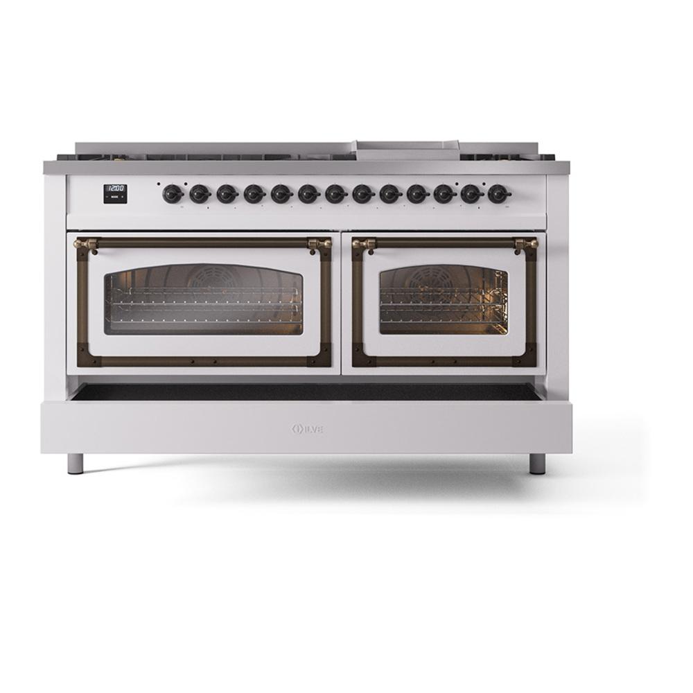 Ilve UN60FNMPWHBLP Ilve Un60Fnmpwhblp Nostalgie Ii Noblesse 60" Dual Fuel Range (9 Sealed Burners + Griddle, Liquid Propane, Triple Glass Door, White, Burnished)