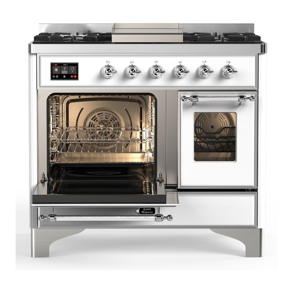 Ilve UMD40FNR3WHCLP Ilve Umd40Fnr3Whclp Majestic Iii 40 Inch Dual Fuel Range With 6 Burners And Griddle, Dual Function Burner Up To 25,000 Btu (Liquid Propane, Triple Glass Door, White, Chrome)