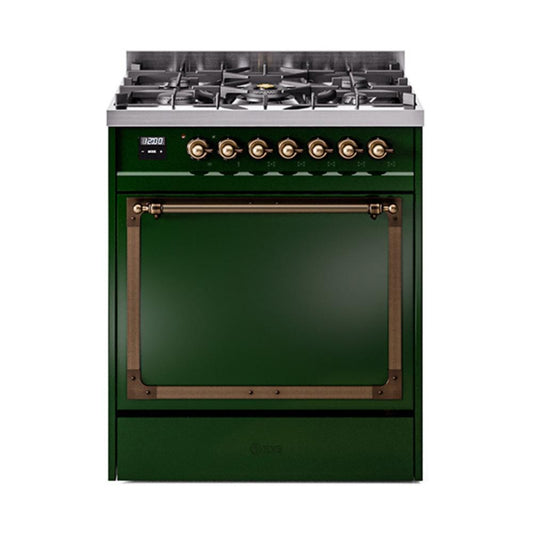 Ilve UN30QNMPEGBLP Ilve Un30Qnmpegblp Nostalgie Ii Noblesse 30" Dual Fuel Range (Liquid Propane, Solid Door, Emerald Green, Burnished)