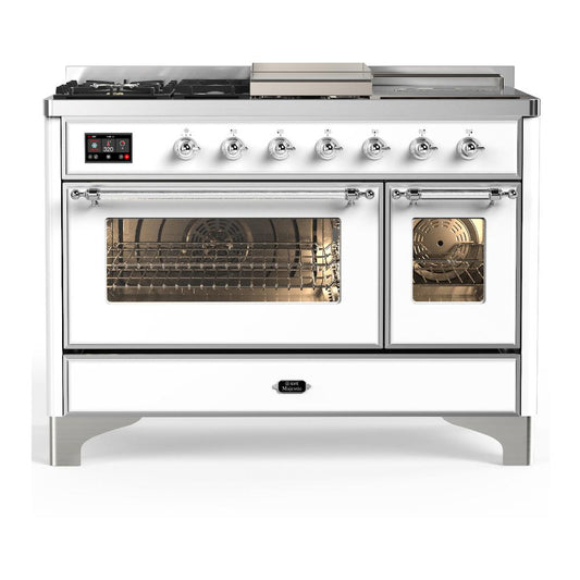 Ilve UM48FSNR3WHCLP Ilve Um48Fsnr3Whclp Majestic Iii 48 Inch Dual Fuel Range With 5 Black Brass Burners, Griddle And French Top, Dual Function Burner Up To 25,000 Btu (Liquid Propane, Triple Glass Door, White, Chrome)