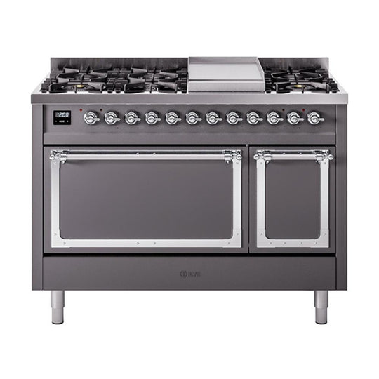 Ilve UN48FQNMPMGC Ilve Un48Fqnmpmgc Nostalgie Ii Noblesse 48" Dual Fuel Range (8 Sealed Burners + Griddle, Natural Gas, Solid Door, Graphite Matte, Chrome)