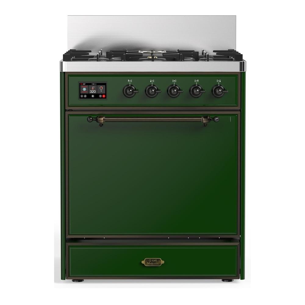 Ilve UM30QNR3EGB Ilve Um30Qnr3Egb Majestic Iii 30 Inch Dual Fuel Range With 5 Black Brass Burners, Dual Function Burner Up To 25,000 Btu (Natural Gas, Solid Door, Emerald Green, Burnished)