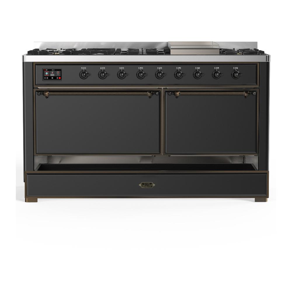 Ilve UM60FQNR3MGBLP Ilve Um60Fqnr3Mgblp Majestic Iii 60 Inch Dual Fuel Range With 9 Burners And Griddle, Dual Function Burner Up To 25,000 Btu (Liquid Propane, Solid Door, Graphite Matte, Burnished)