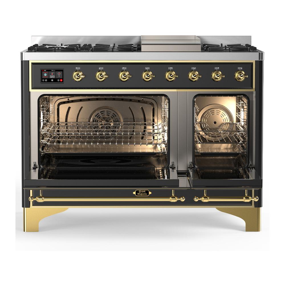 Ilve UM48FNR3MGGLP Ilve Um48Fnr3Mgglp Majestic Iii 48 Inch Dual Fuel Range With 8 Burners And Griddle, Dual Function Burner Up To 25,000 Btu (Liquid Propane, Triple Glass Door, Graphite Matte, Brass)