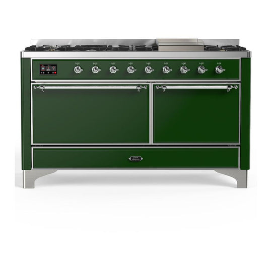 Ilve UM60FQNR3EGC Ilve Um60Fqnr3Egc Majestic Iii 60 Inch Dual Fuel Range With 9 Burners And Griddle, Dual Function Burner Up To 25,000 Btu (Natural Gas, Solid Door, Emerald Green, Chrome)