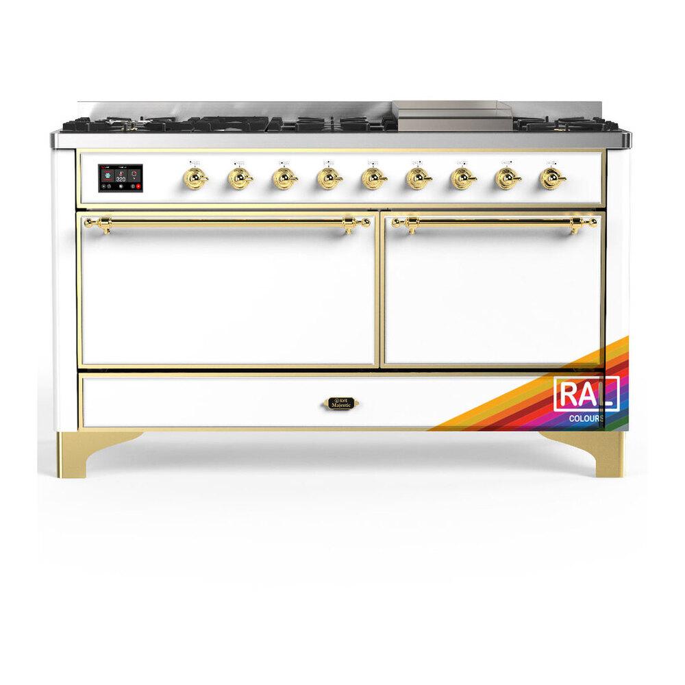 Ilve UM60FQNR3RAG Ilve Um60Fqnr3Rag Majestic Iii 60 Inch Dual Fuel Range With 9 Burners And Griddle, Dual Function Burner Up To 25,000 Btu (Natural Gas, Solid Door, Ral, Brass)