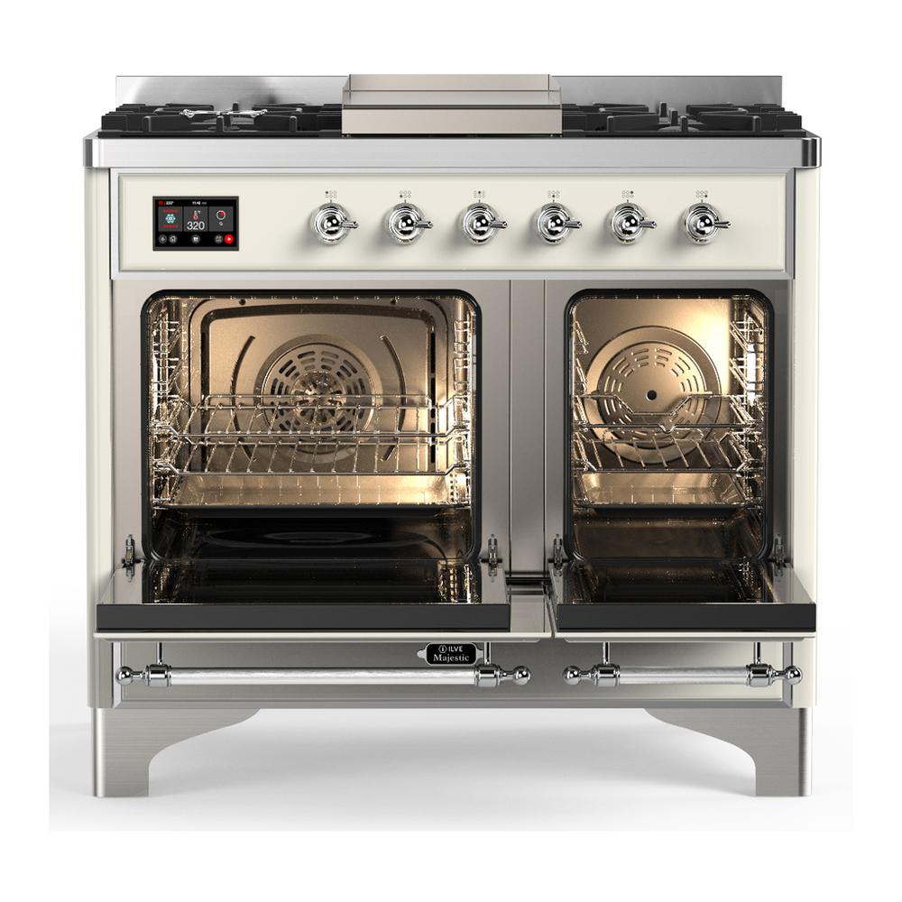 Ilve UMD40FNR3AWCLP Ilve Umd40Fnr3Awclp Majestic Iii 40 Inch Dual Fuel Range With 6 Burners And Griddle, Dual Function Burner Up To 25,000 Btu (Liquid Propane, Triple Glass Door, Antique White, Chrome)
