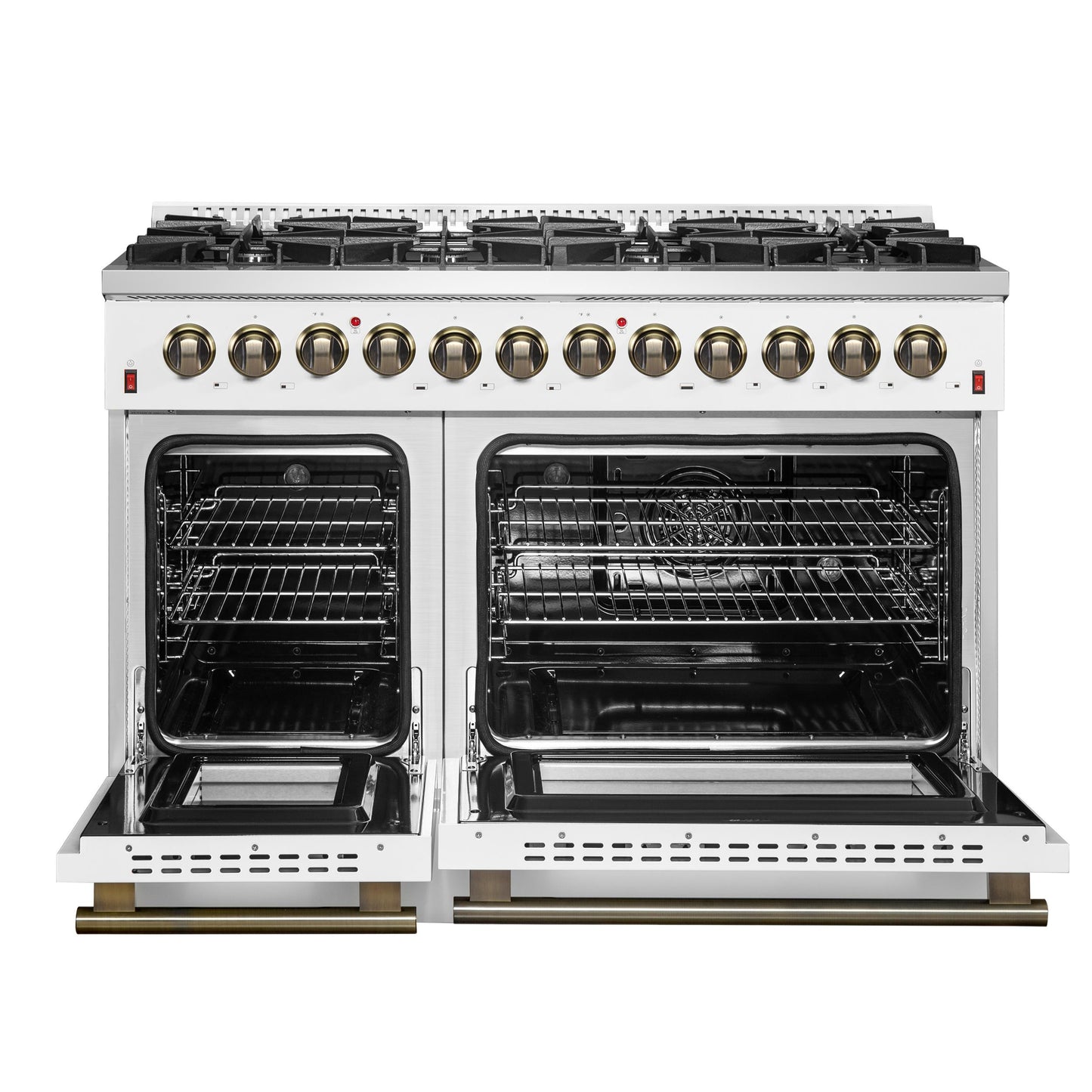 Forno FFSGS615648WHT Galiano 48-Inch Dual Fuel Range White & Antique Brass Design With 8 Sealed Burners 107,000 Btu, 6.58 Cu. Ft. Double Ovens & Griddle