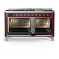 Ilve UM60FNR3BUC Ilve Um60Fnr3Buc Majestic Iii 60 Inch Dual Fuel Range With 9 Burners And Griddle, Dual Function Burner Up To 25,000 Btu (Natural Gas, Triple Glass Door, Burgundy, Chrome)