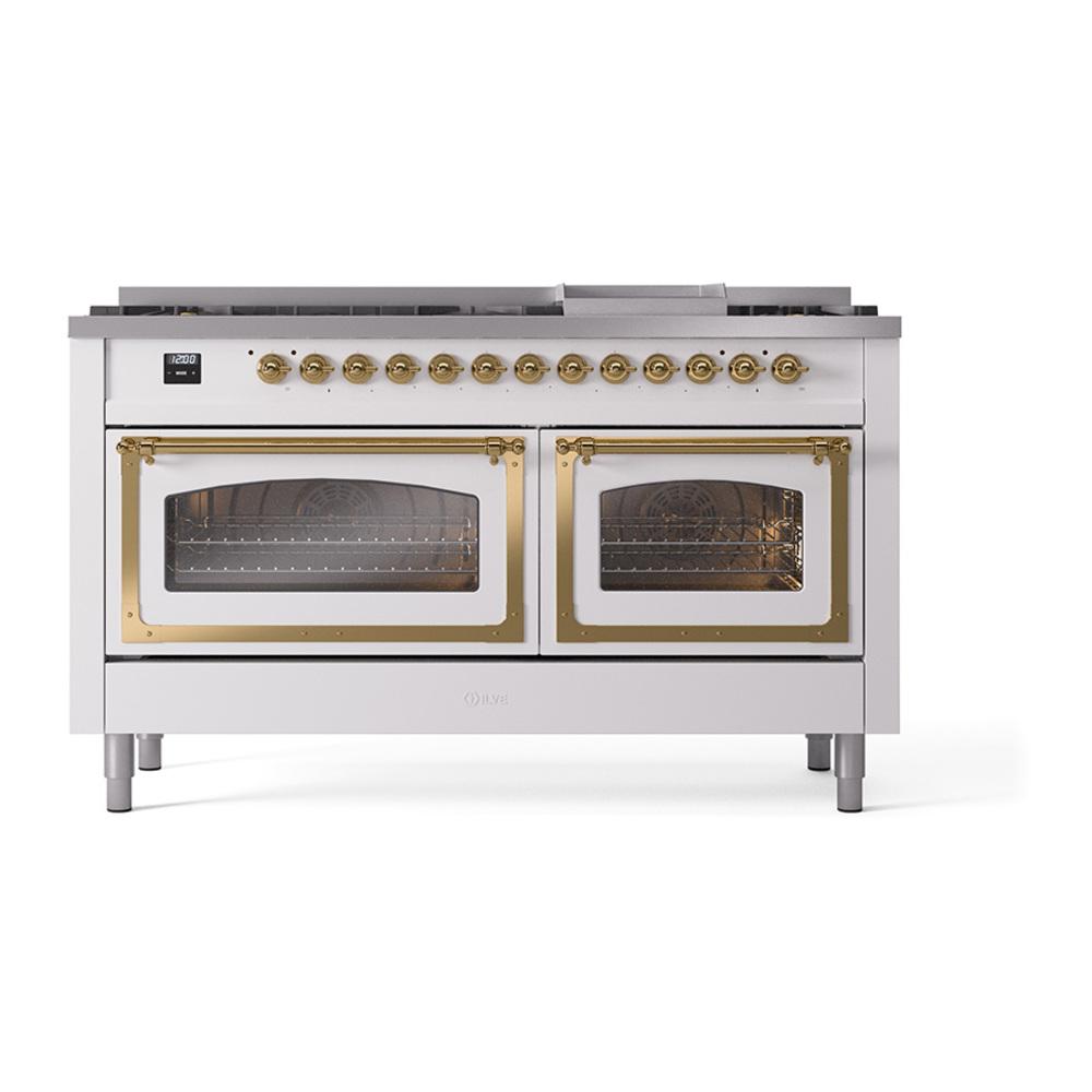 Ilve UN60FNMPWHG Ilve Un60Fnmpwhg Nostalgie Ii Noblesse 60" Dual Fuel Range (9 Sealed Burners + Griddle, Natural Gas, Triple Glass Door, White, Brass)