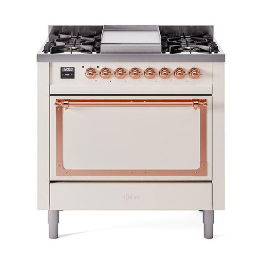 Ilve UN36FQNMPAWP Ilve Un36Fqnmpawp Nostalgie Ii Noblesse 36" Dual Fuel Range (Natural Gas, Solid Door, Antique White, Copper)